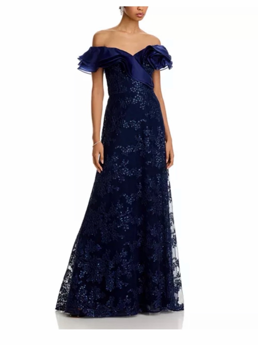 Organza Off Shoulder Sequin Embroidered Tulle Gown